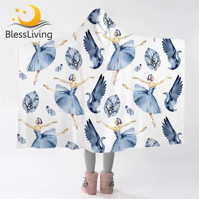 BlessLiving Ballet Hooded Blanket Ballerina Watercolor Blanket Hoodie Elegant Swan Feathers Wearable Blanket Dancing Girl Manta 1