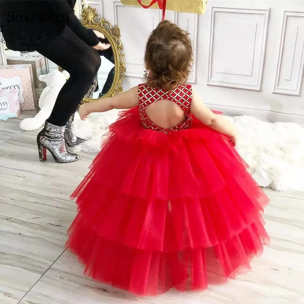 

Red Flower Girl Dresses Ruffles Sequins Puffy Tulle Tutu Little Baby Girls Gowns for Birthday Party Size 9M 12M 18M 24M