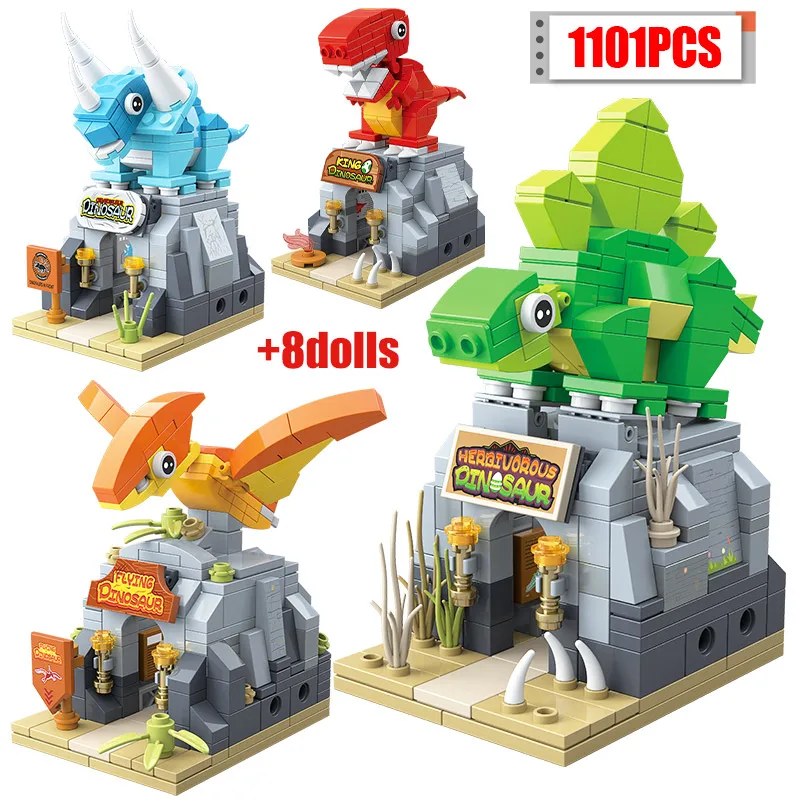 

1101Pcs 4 In1 Jurassic World Dinosaur Cave House Building Blocks City Street View Tyrannosaurus Figures Bricks Toy For Kids Gift