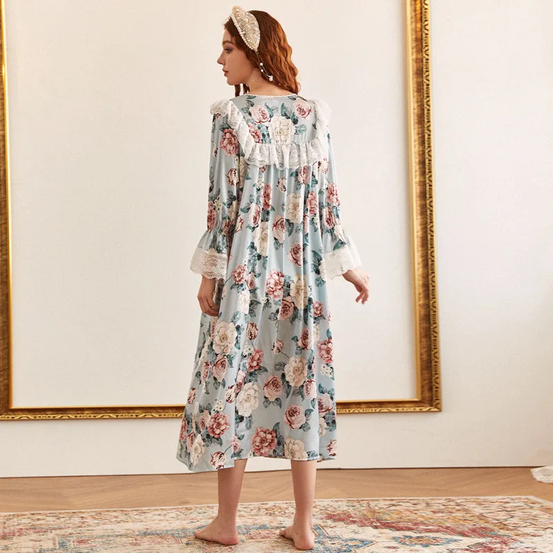 

Plus Size Loose Nightdress Women 2021 Spring Princess Court Style Printed Nightgown Round Neck Lace Cute Sweet Sleeping Dress