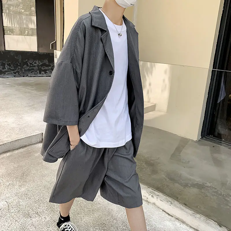 

Men Sets 2021 Men's Summer Casual Small Suit Shirt + Shorts Two-piece Korean Fashion Trendy Sports Clothes