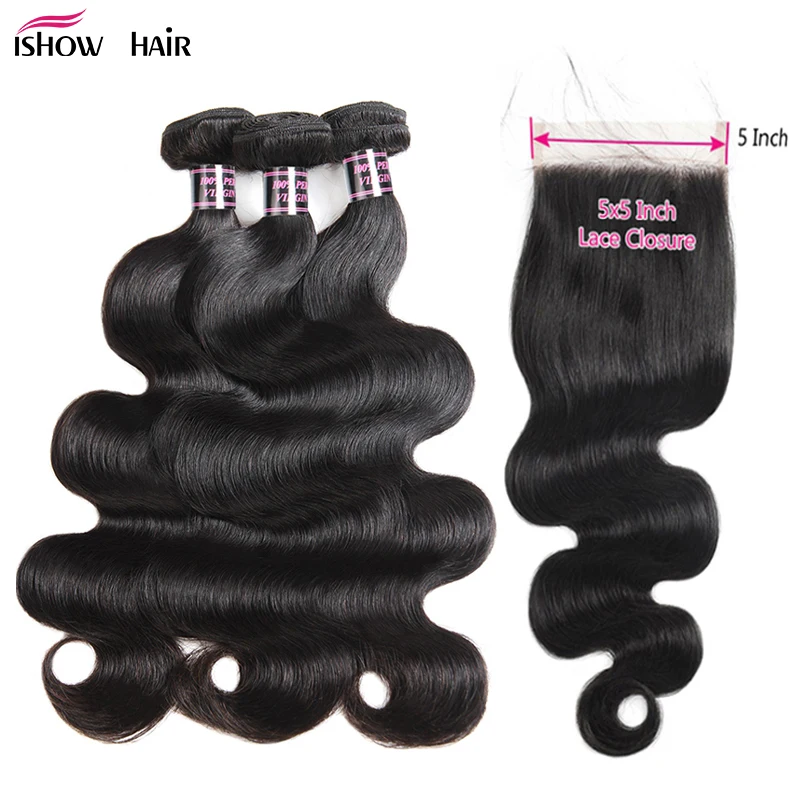 Ishow бразильские волнистые пучки с застежкой 3 пряди человеческих волос 5*5