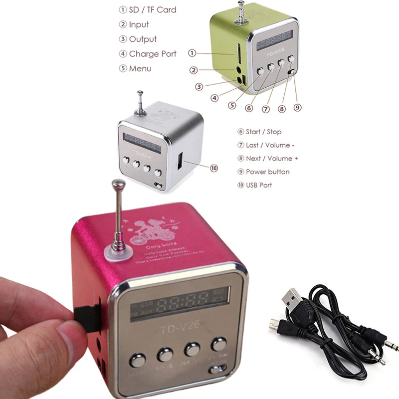 TD V26 мини портативный динамик ЖК цифровой звук micro TF карта fm радио AUX стерео