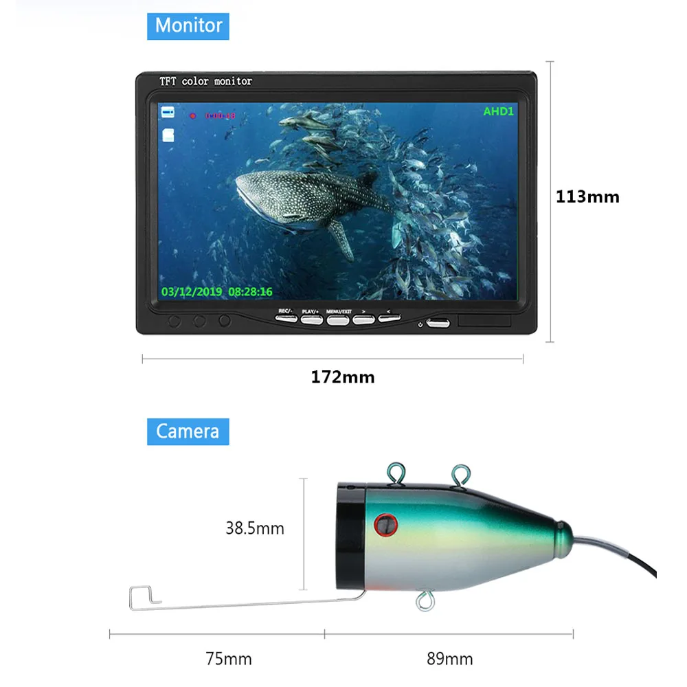 Double lamp 7inch Fish Finder Underwater Fishing Camera  15pcs White LEDs+15pcs Infrared Lamp 1080P 15M Camera For  Ice Fishing