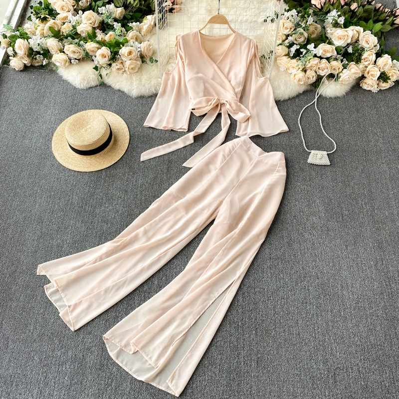 

Sexy Summer Hollow-out Shoulder Flare Sleeves V-neck Chiffon Short Top and Wide Leg Slit Chiffon Pants Casual Women Sets