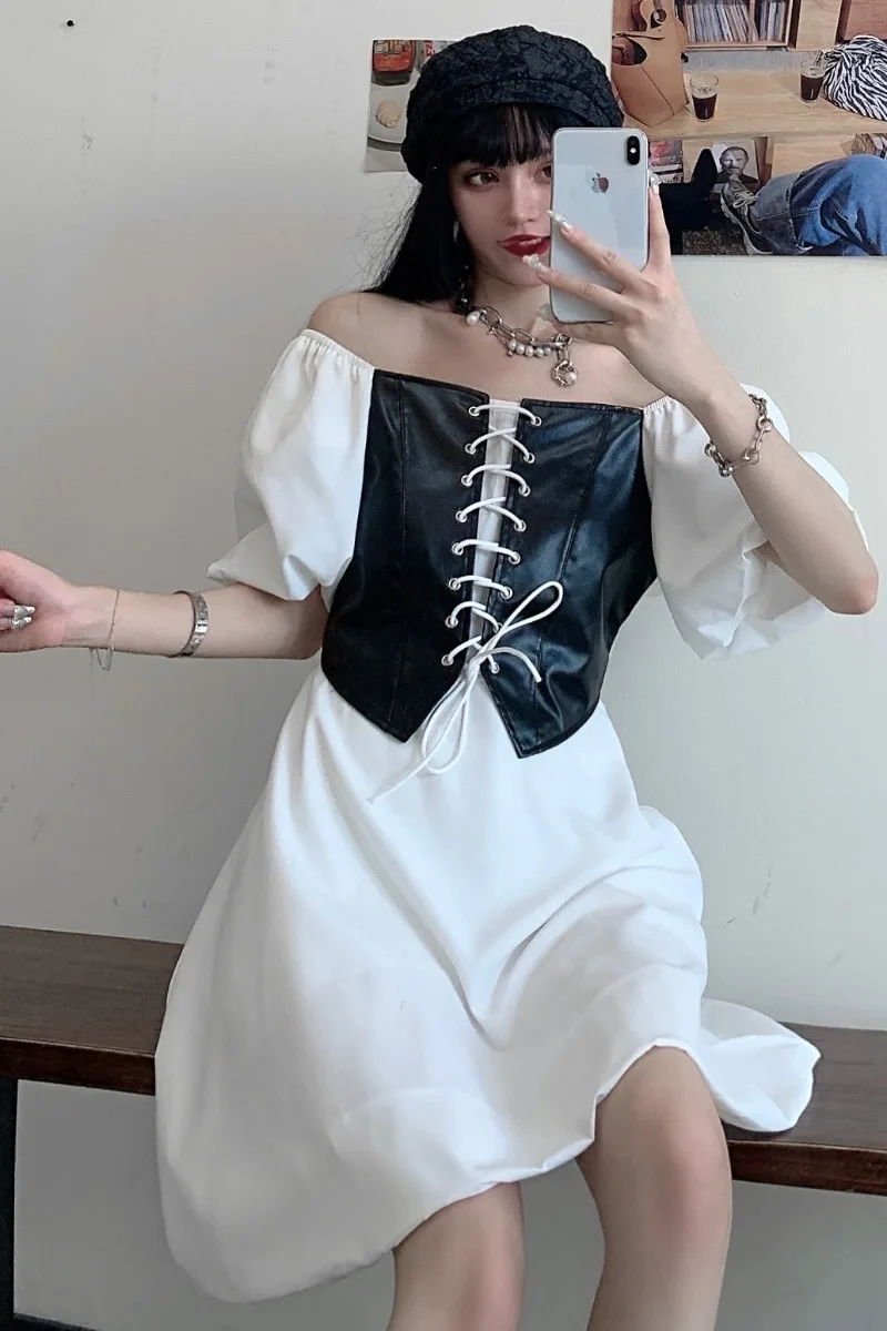 

Fake two-piece dress girl 2021 new summer ins retro high waist thin bf bubble sleeves a word skirt tide