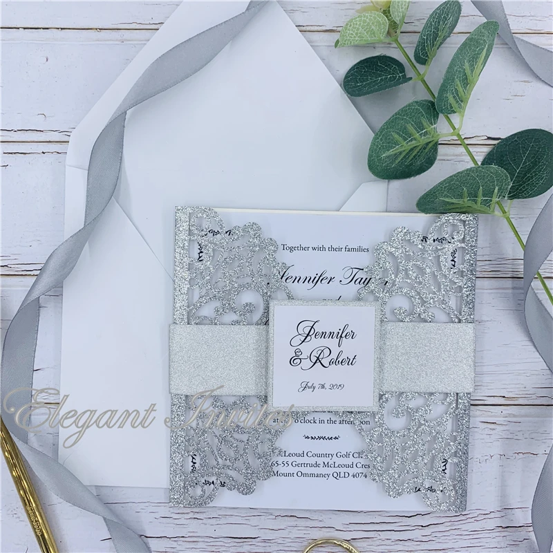 Блестящая серебряная лазерная резка для свадьбы пригласительные открытки