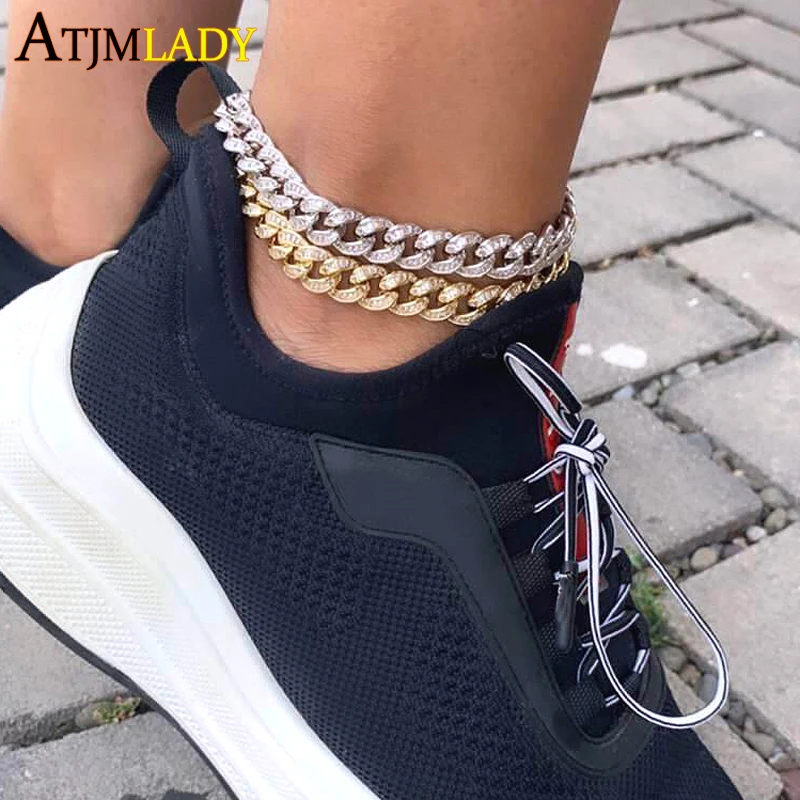 

Summer Beach Fashion Foot Jewelry For Women Iced Out Bling Cz Baguette Hip hop Cuban Link Chain Anklets Barefoot Sandals