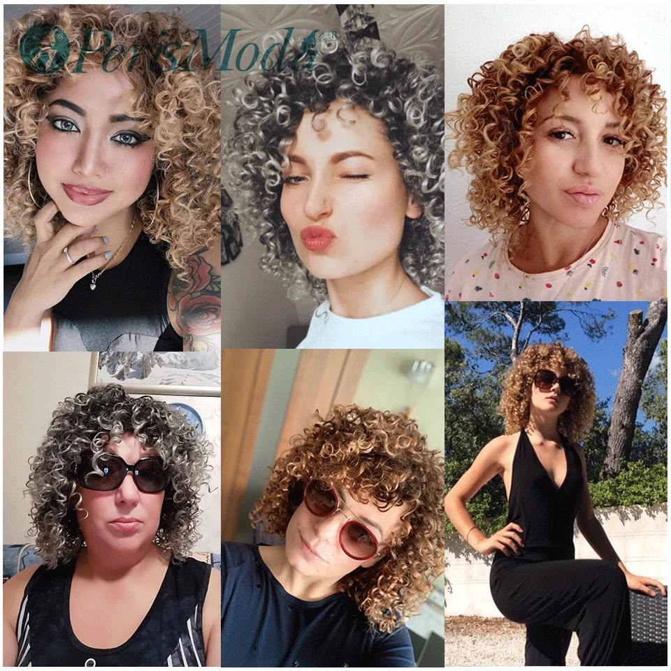 Short Synthetic Wigs with Bangs Kinky Curly Wig for Women PerisModa Mixed Brown and Grey Natural High Temperature Fiber Hair | Шиньоны и