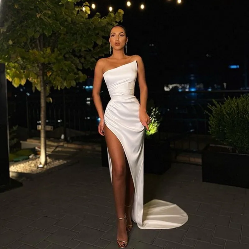 

2021 Sexy Strapless White Arabic Dubai Evening Dress with High Split Satin Long Prom Formal Gowns Mermaid Robe De Soriee Cheap