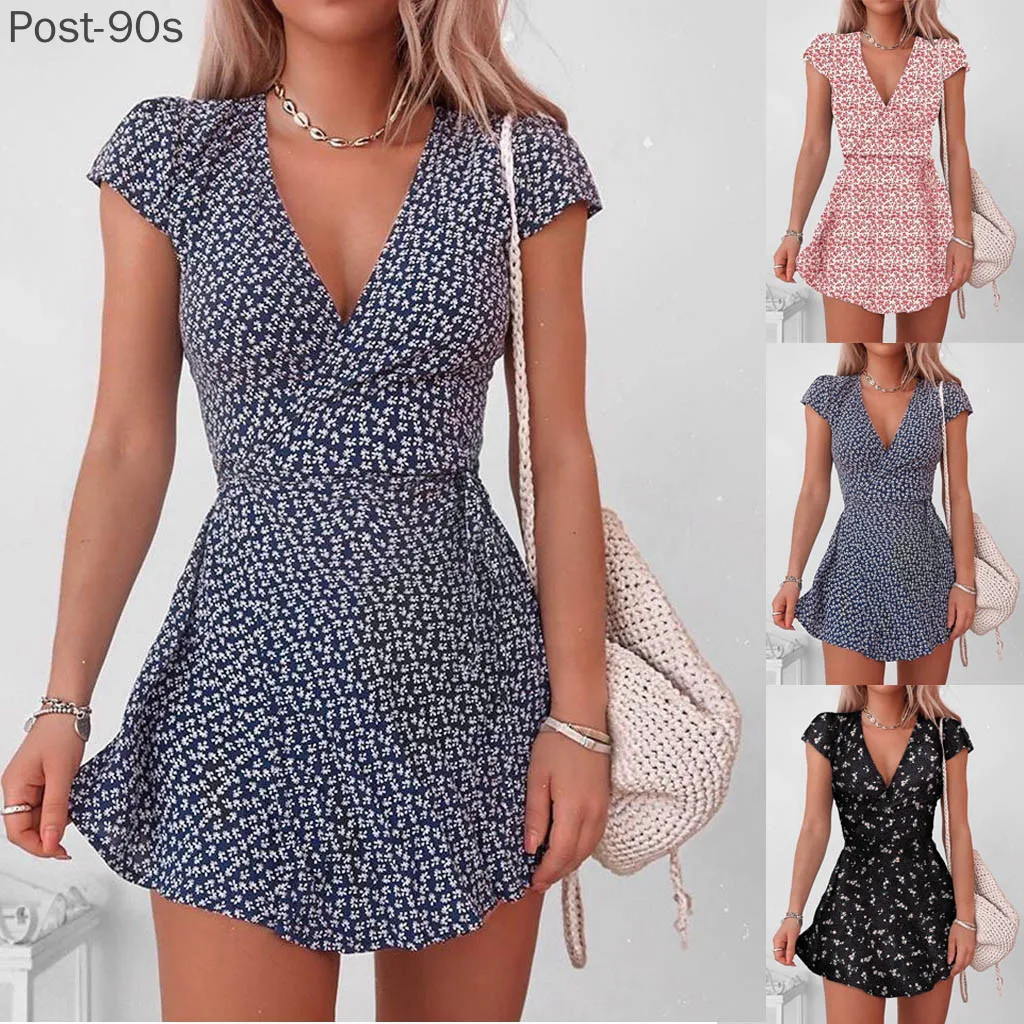 

Women's Half Sleeve Mini Dress V-neck Floral Print Dress Summer Beach Maxi Bohemian Boho Dress Summer Beach Dress 2021