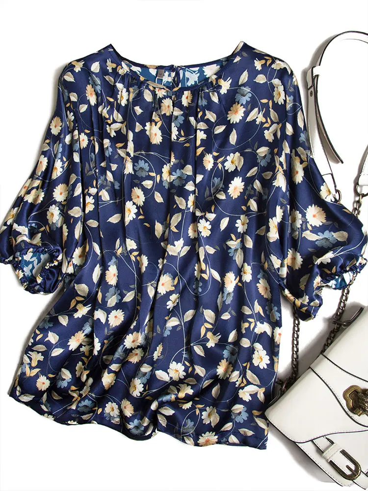 

Exquisite Tibetan Daisy Heavy Silk Satin Round Neck Commuter T-shirt 2021 Fashion Women's Clothing New Style