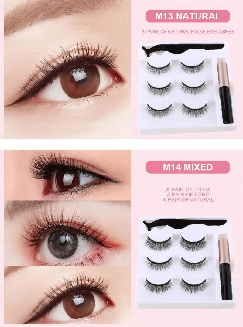 

TEAYASON 3 Pairs Of 3D Magnetic Eyeliner Liquid False Eyelashes Thick Natural Long Eyelashes Set Waterproof Eye Makeup Tools