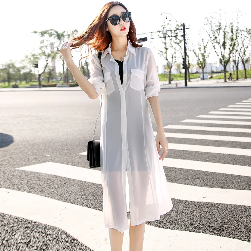 

Women White Blouse Summer Long Sleeve Shirt Kimono Cardigan Loose Kimono Plus Size Boho Covers Up Blouse Chiffon Sun Protective