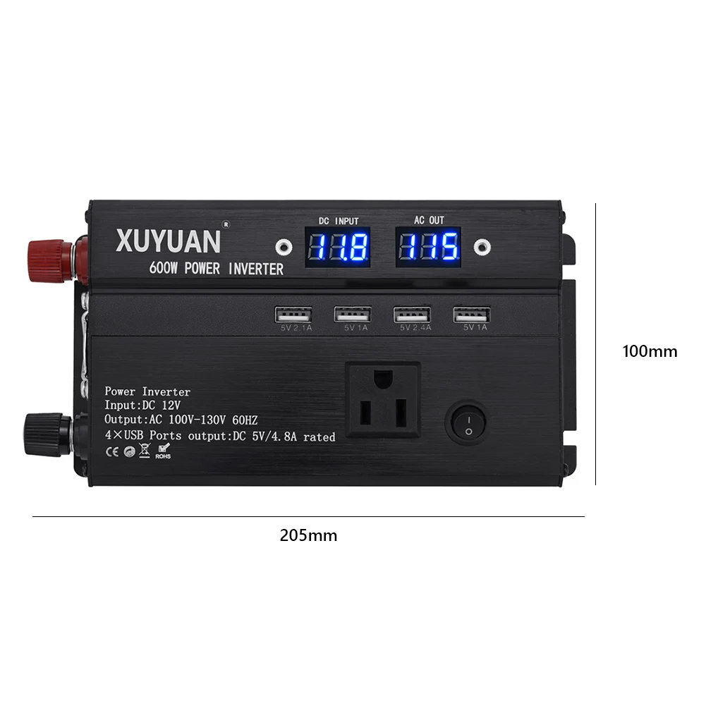 

600W Car Inverter DC 12V 24V to 220V AC Power Inverter Converter 4 USB Ports Charger Adapter with LED Display
