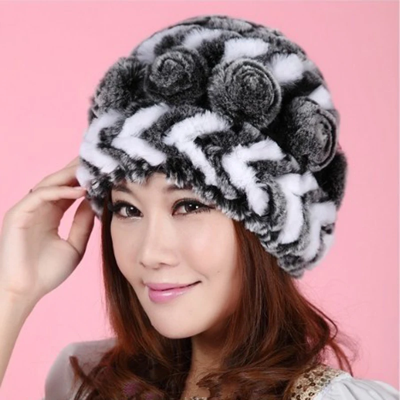 Lady Winter Warm Real Rabbit Fur Beanies Headwear Women Knitted Rex Hats Natural Stripe Caps | Аксессуары для одежды