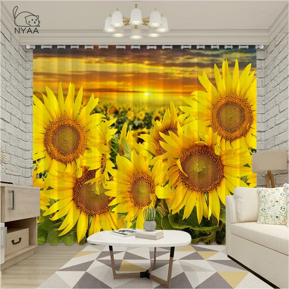 

Sunflower Flower Window Curtains Living Room Outdoor Fabric Drapes Curtain Home Decor Ultra-thin Micro Shading