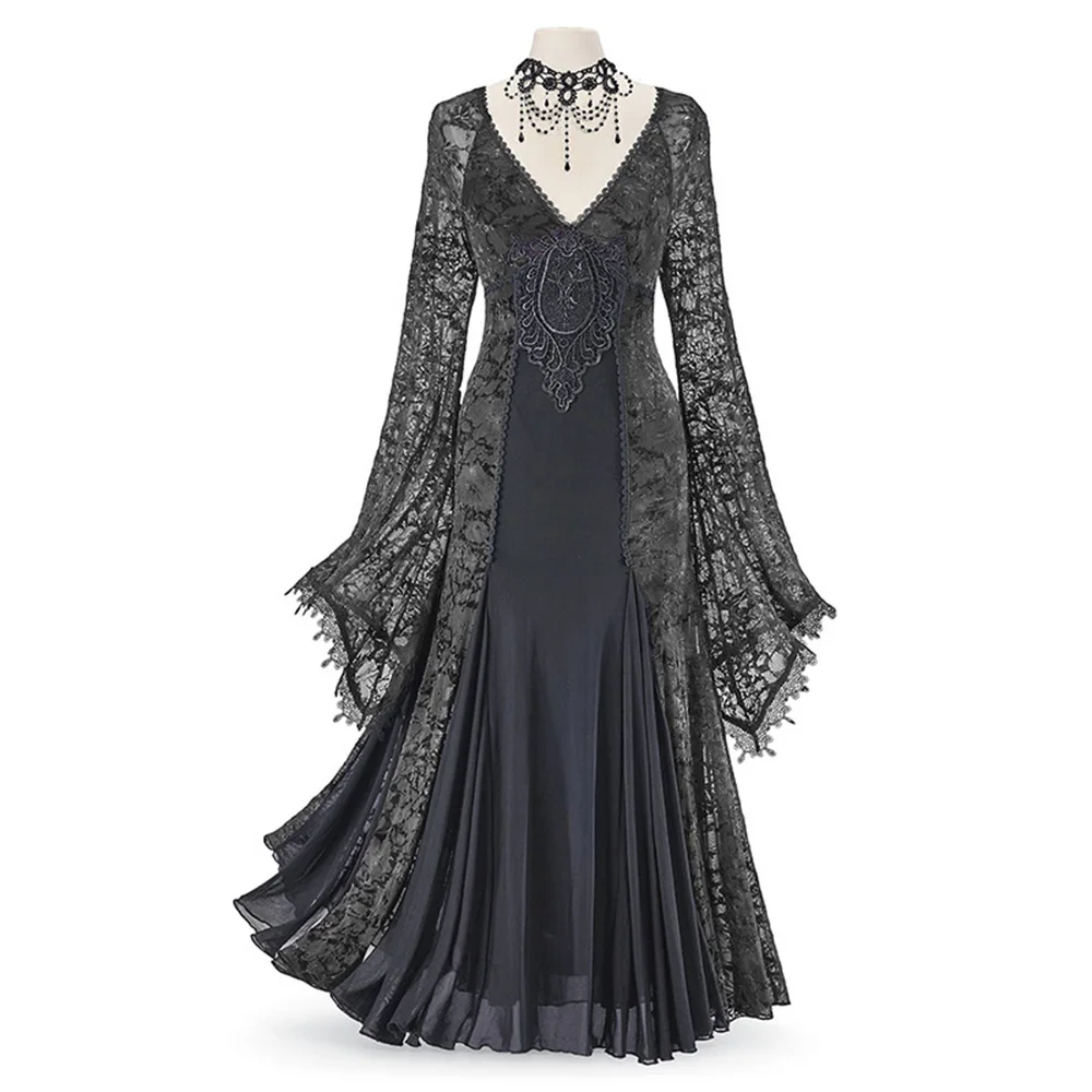 Викторианское средневековое Ретро длинное платье макси кружевное лоскутное