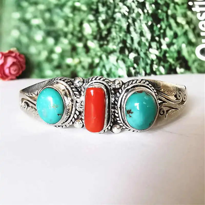 

Nepal 925 Sterling Silver Inlaid Natural Turquoise Coral Hollow Vintage Open Cuff Bangles Free ship T9020