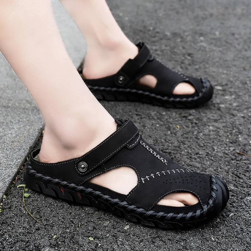 

UEXIA 2019 New Fashion Summer Shoes Cow Leather Men Sandals Hand Sewing Mens Casual Shoes Rubber Soles Beach Shoes Size 38-46