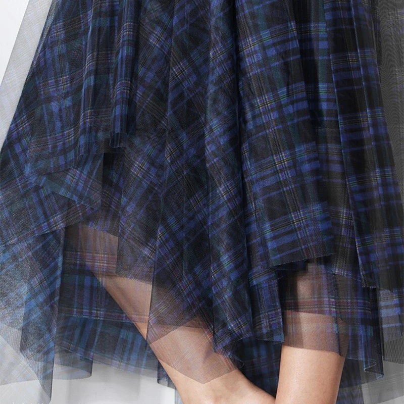 

SISPELL Patchwork Mesh Plaid Women's Skirt High Waist Ruched Hit Color For Female Casual A Line Skirts 2020 Fashion Autumn New