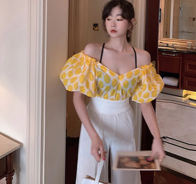WHITNEY WANG блузки 2020 летняя модная уличная блузка с пышными рукавами и v-образным