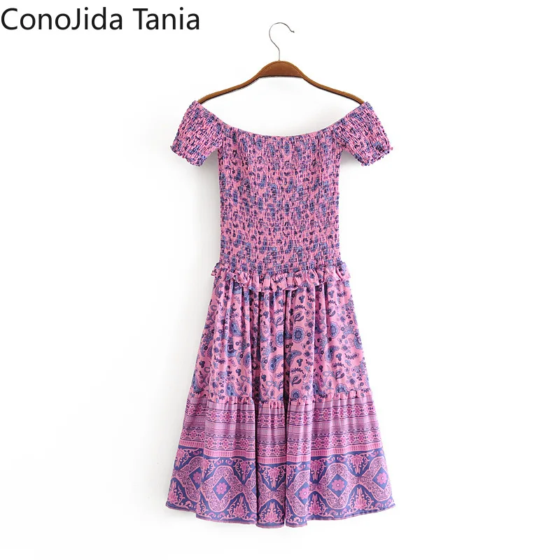 

European and American Women's Summer New Holiday Wind One-word Collar Positioning Print Dress