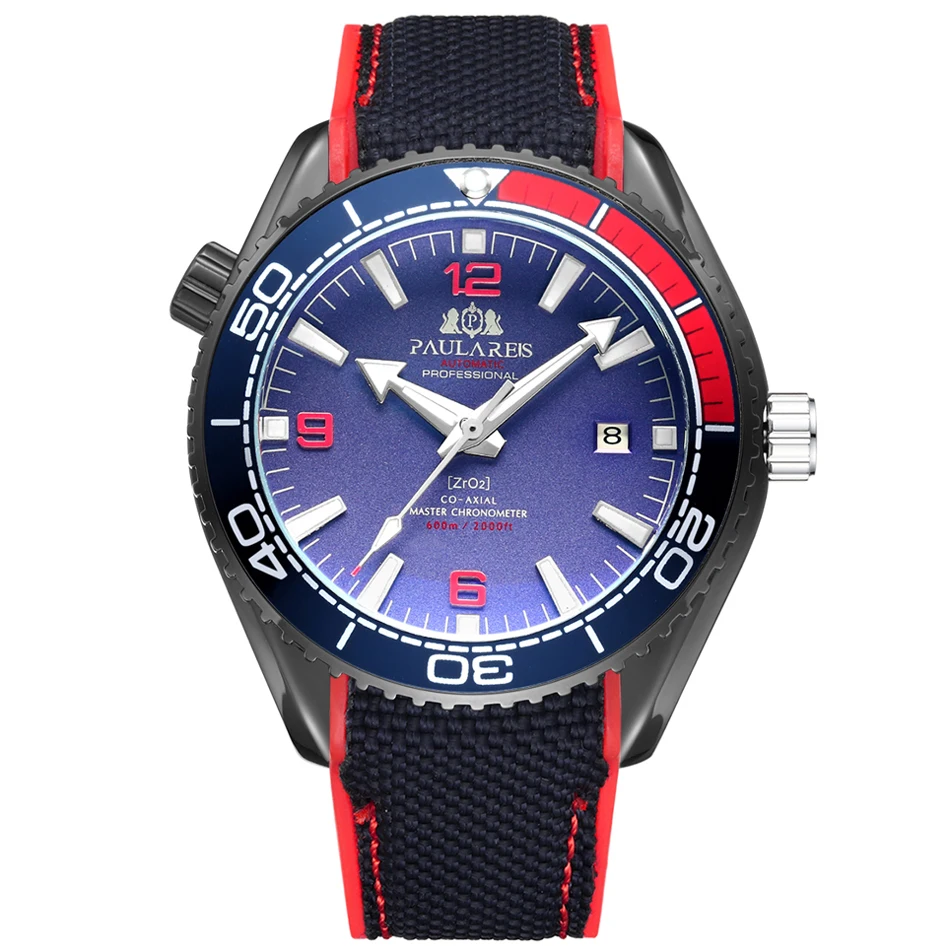 Black Red Blue Мужские автоматические механические холщовые часы с резиновым ремешком James Bond 007, стильные оранжевые, синие, красные классические часы с вращающейся рамкой - Цвет: Black Red Blue