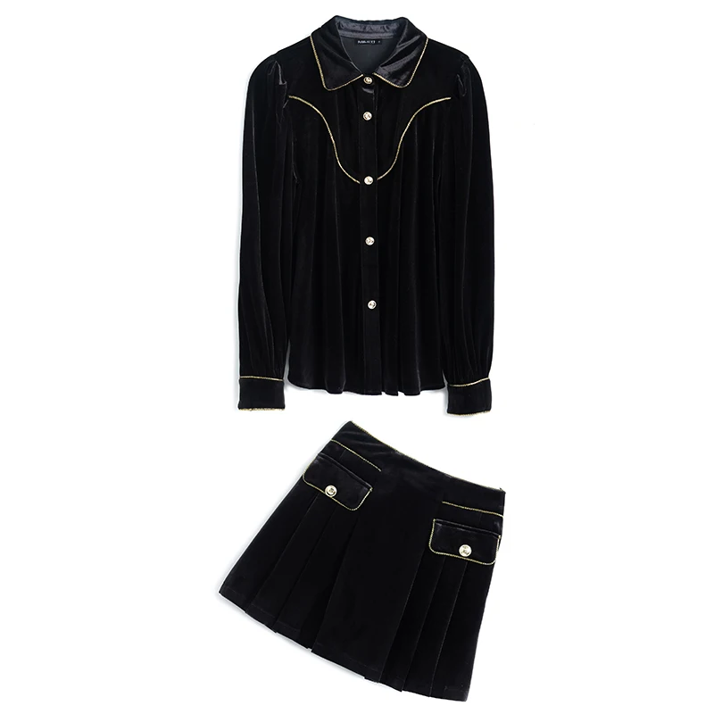 Fashionable OL temperament bright silk and velvet shirt + bag cover A word skirt suits the new female 2020 winter