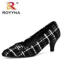 royyna 2020 new designers lattice med heels new high quality shoes women classic pumps shoes office ladies wedding shoes trendy