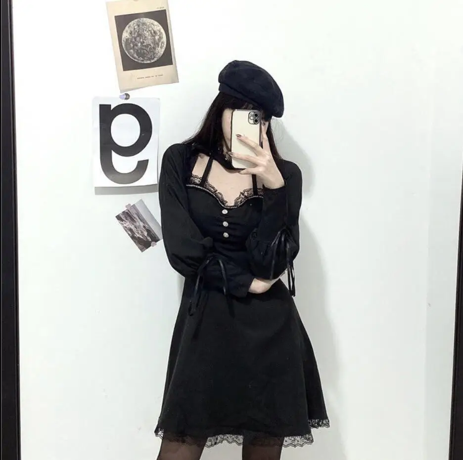 

Mothybot Large Size Long-Sleeved Black Dress Spring And Autumn New Hepburn Style Retro Pure Desire Small Thinner Lace Stitching