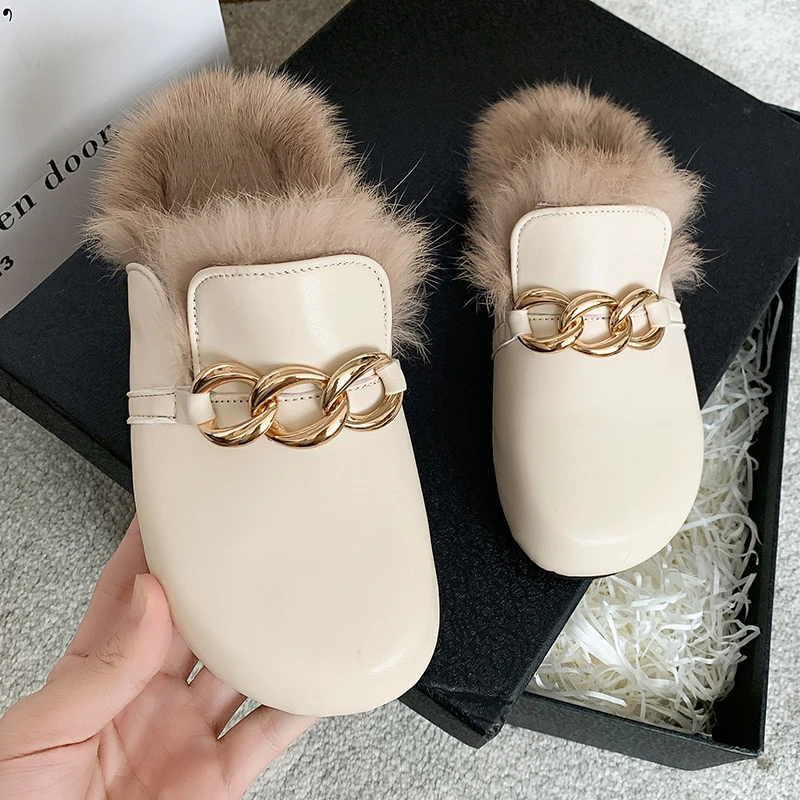 

Lady PU Leather Chain Flip Flops Casual 2021 New Winter Flats Short Plush Shallow Warm Slippers Cozy Fashion Home Cotton Shoes