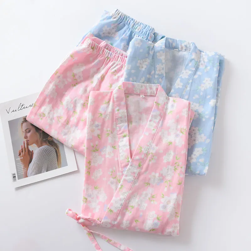 

Pajamas for Women Summer Pure Cotton Kimono Printing Pajama Set Women Two-piece Soft and Comfortable Homewear Autumn Clothes