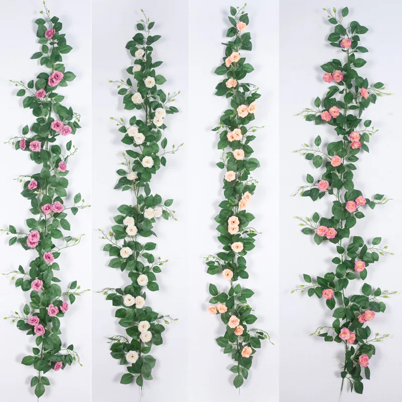 

10 pcs 1700mm Artificial Plant White Rose Vine grass Vine Home Wall Wedding Background Wall Decoration Flower Vine Fake Rose