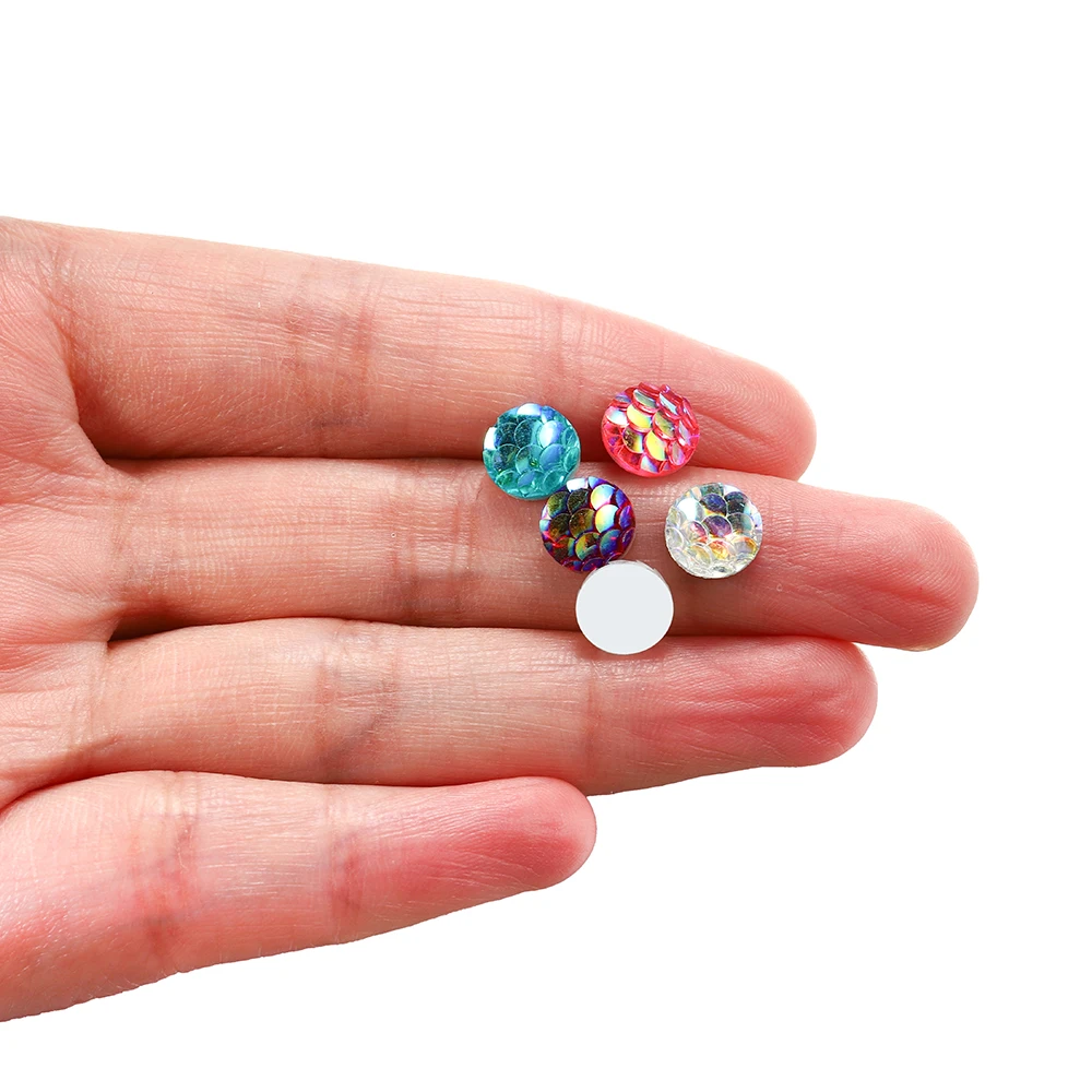 50Pcs/Lot 8mm Stereoscopic Resin Epoxy Cabochons Mermaid Fish Scale Round Glass Cabochon For DIY Jewelry Making Accessories - купить по
