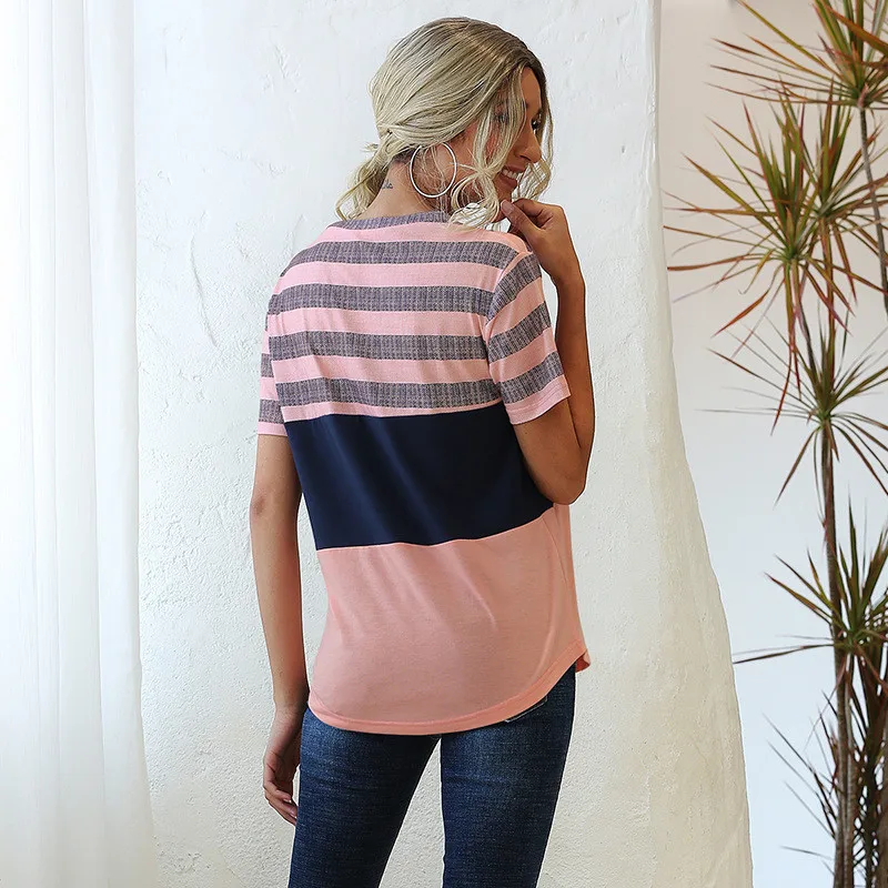 

Striped Contrast Color Casual T-shirt Women Tops High Street Summer 2020 Short Sleeve Loose Tee Shirts Round neck Female T shirt
