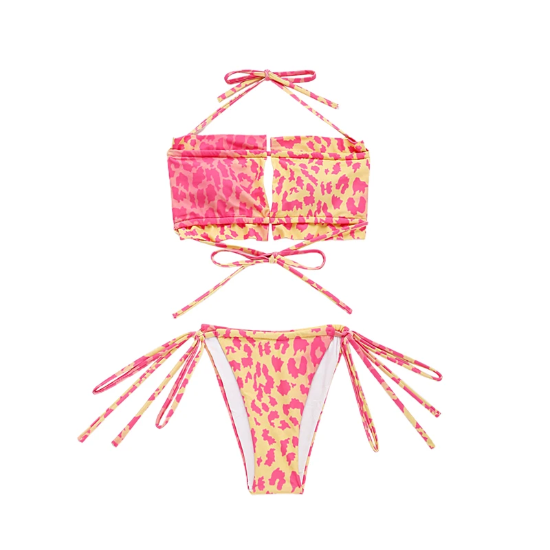 

Hot Sale Fashion Women's Sexy Two Piece Split Bikini Suits Personality Tie-dye Halter Top and Bandage Low Waist Trunks Wholesale