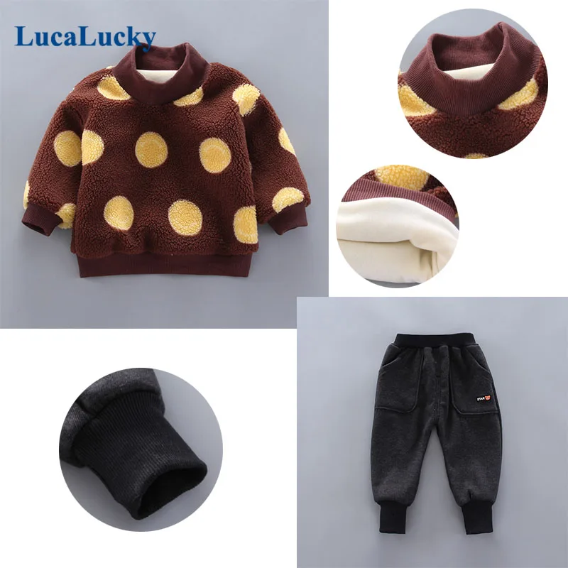 

LucaLucky Children Clothing Sets 2 Pcs Wool Dot Fleece Tops + Pants Baby Boys Girl Clothes Suit Winter Outerwear Kids Outfits