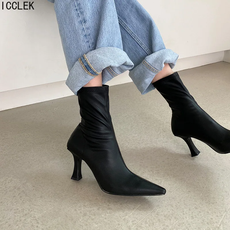 

Black Women Ankle Boots Woman Thin High Heel Fashion Pointed Toe Zipper Winter Women's Shoes 2021 Leather White Short Booties