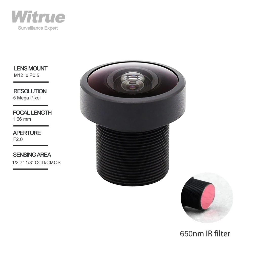

HD 5mp Fisheye Camera Lens 1.66mm M12 X 0.5 Mount 1/3" Image Format Aperture F2.0 with 650nm IR filter for IP Security Cameras