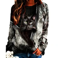 fashion women t shirt o neck long sleeve zipper shirt cats print loose casual t shirt top for spring autumn