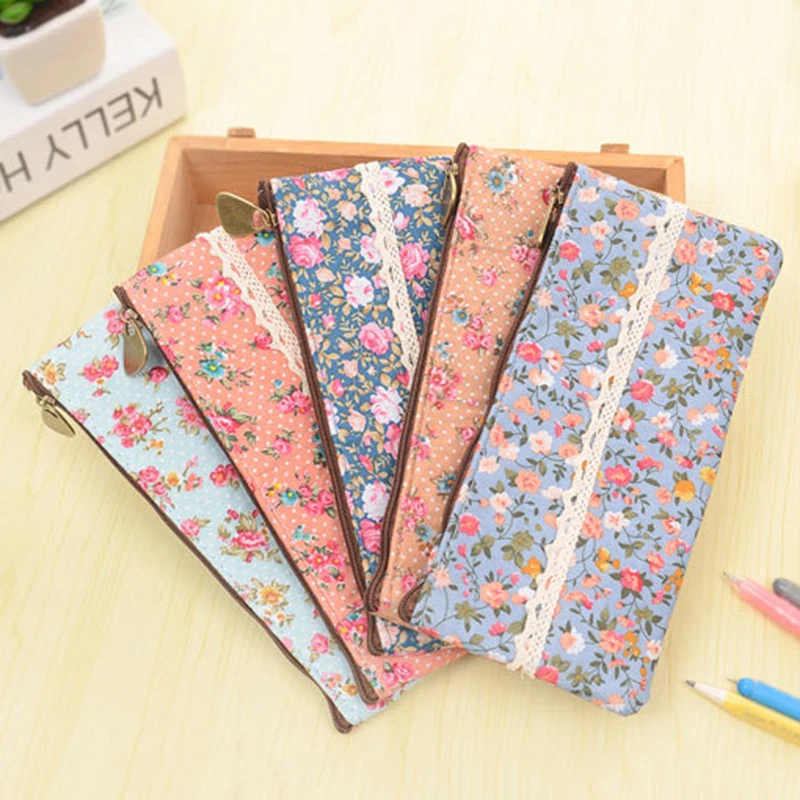 Пенал тканевый большой с цветочным рисунком креативный милый чехол для ручек и