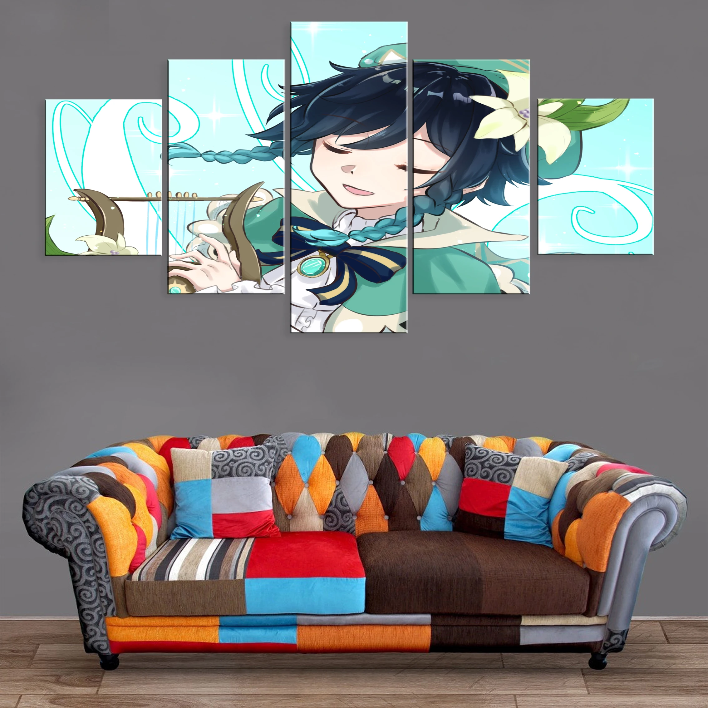 

Genshin Impact Game 5 Pieces Canvas Paintings Oil Picture Wall Home Room Printed Framework Art Decoration Modular