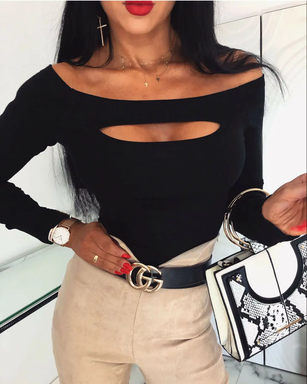 Модное женское сексуальное платье с открытыми плечами длинным рукавом Футболка