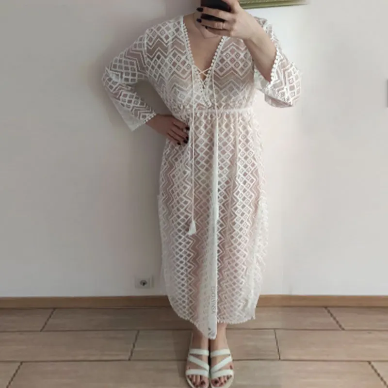 Long Lace Beach Cover up Robe de Plage Swimsuit Saida Praia longa Women Bathing suit cover Tunics for #Q965 | Женская одежда