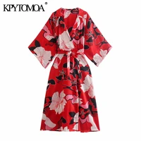 kpytomoa women 2021 fashion with belt floral print kimono midi dress vintage three quarter sleeve female dresses vestidos mujer