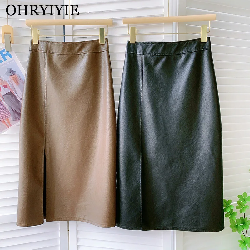 

OHRYIYIE Autumn Winter Sexy Split PU Hip Skirt Women 2021 New Fashion Long All-match A-line Skirt Female Party Skirt Jupe Longue