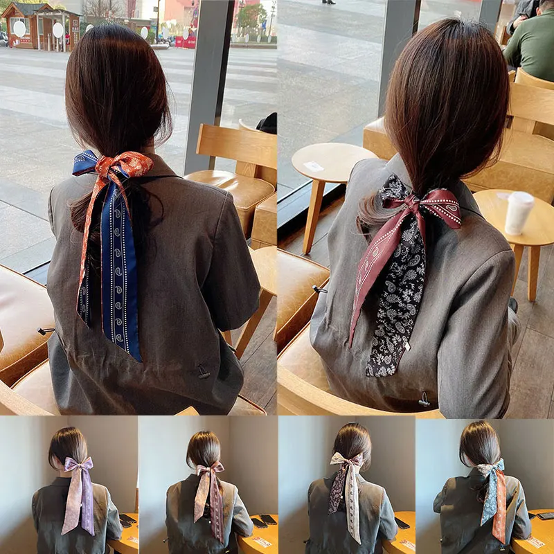 

2021 New Silk Scarf Headband Long Ribbon Ponytail Scarf Hair Tie Scrunchies Women Girls Elastic Hair Bands Hair Accessories