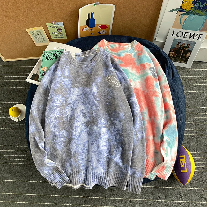 

Men's Round Neck Sweater Knit Sweater Tie Dye Color Sweater Literary Youth Student Sweater Trend Wool Decoration Item Type Style
