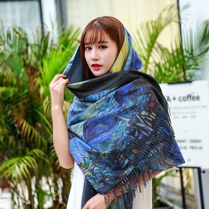 

2020 Designer New women winter cashmere scarf shawl Digital painted shawl Van Gogh oil painting pashmina ladies Blanket scarf